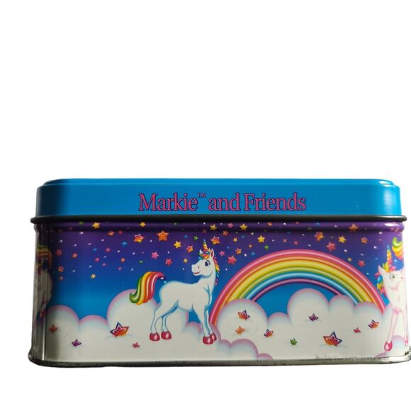 Lisa Frank Vintage Tin Markie Playing With Rainbow Unicorn Empty Collector's Tin - Picture 3 of 4
